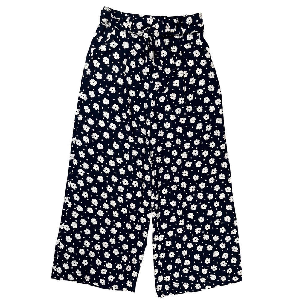 Frnch Paris Floral Wide Leg Pants Womens XS Navy Blue Daisy Paperbag Waist Tie